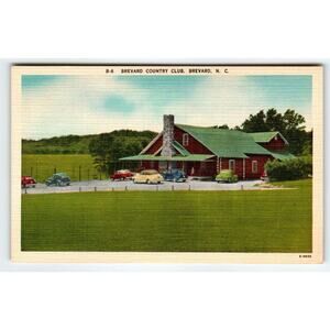 Old Cars Brevard Country Club Building North Carolina Linen Postcard Vintage